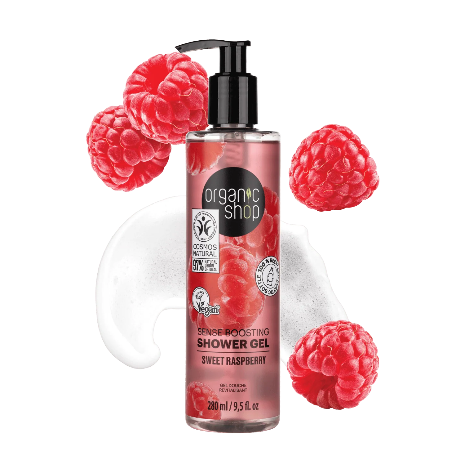 Gel de ducha estimulante de los sentidos frambuesa dulce.