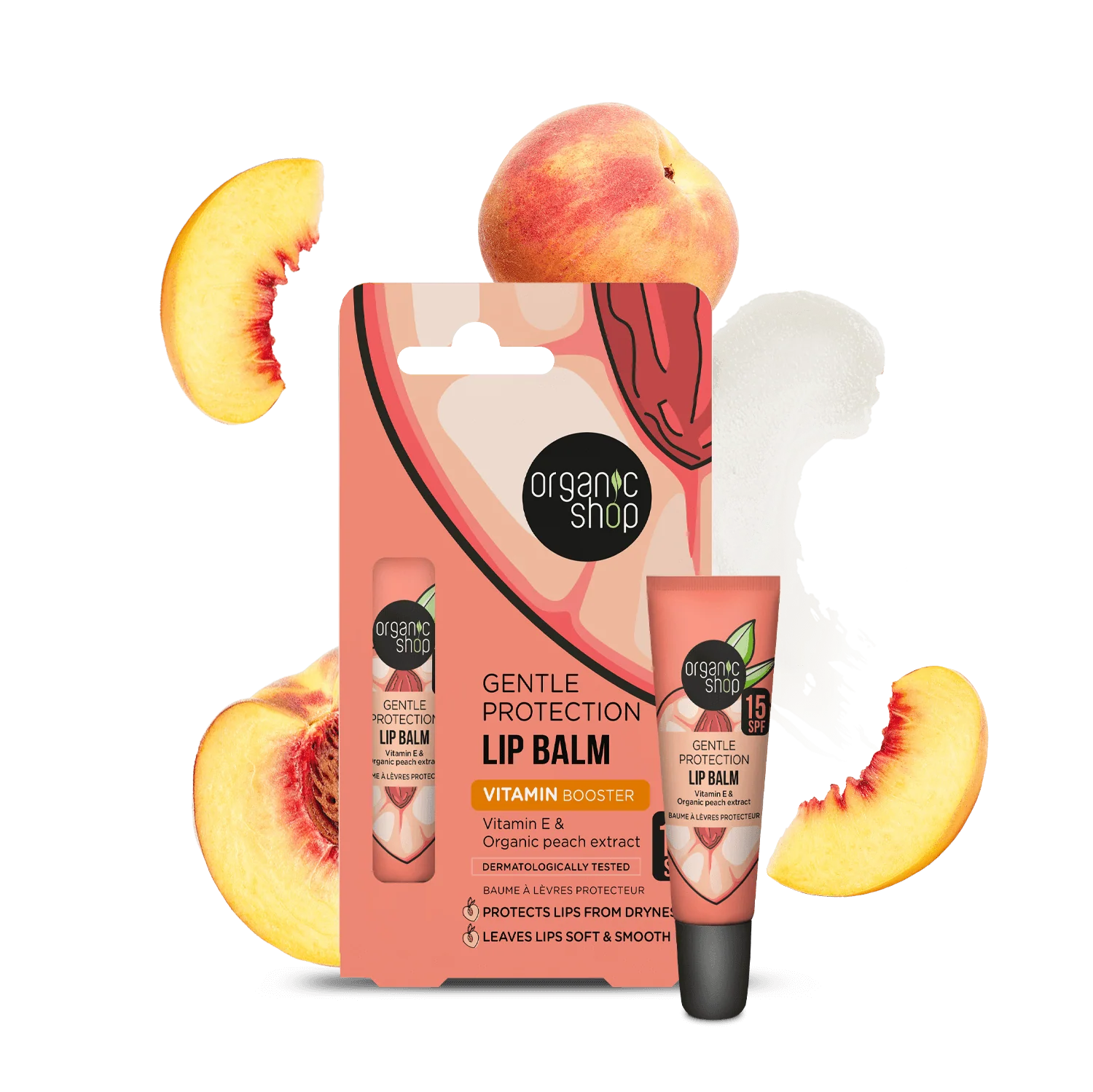 Bálsamo labial de protección suave con SPF. Vitamina E y extracto de melocotón