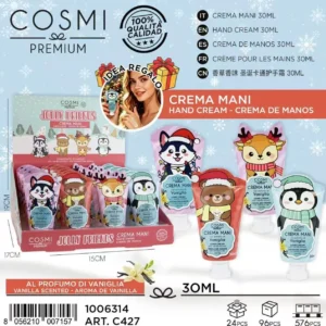Cosmi Premium Jolly Friends hand cream set, 30 ml vanilla scent, festive packaging with animal characters.