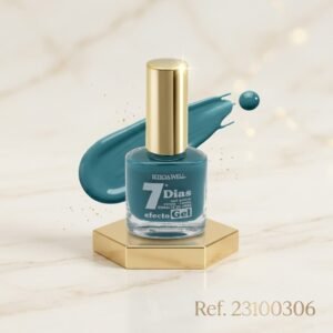 Teal nail polish bottle with a gold cap on a gold stand, teal paint splash behind, and Ref. 23100306 written in the corner.