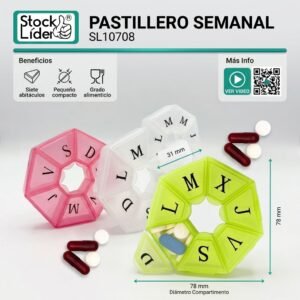 Stock Lider weekly pill organizer in pink, white, and lime green circular compartments arranged in a ring; each compartment labeled with letters. Pills and capsules are scattered nearby; dimensions show 78 mm diameter and 78 mm height; product named Pastillero Semanal SL10708 in the header.
