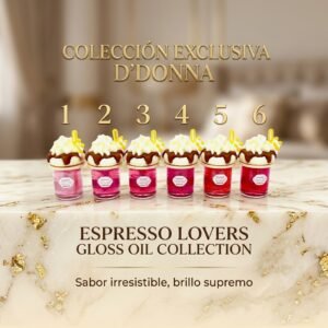 Six colorful dessert cups with whipped cream and yellow toppers lined up on a marble surface, advertising the Espresso Lovers Gloss Oil Collection.