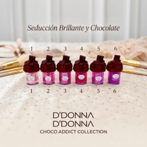 Six chocolate-themed nail polish bottles labeled 1–6 in pink and purple tones, with 'Seduction Brillante y Chocolate' and 'D'DONNA CHOCO ADDICT COLLECTION' branding visible.