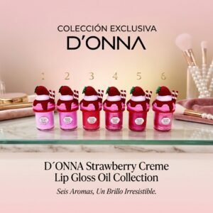Six pink strawberry-themed lip gloss bottles lined up with numbers 1–6 on a glass display, part of D'ONNA collection.